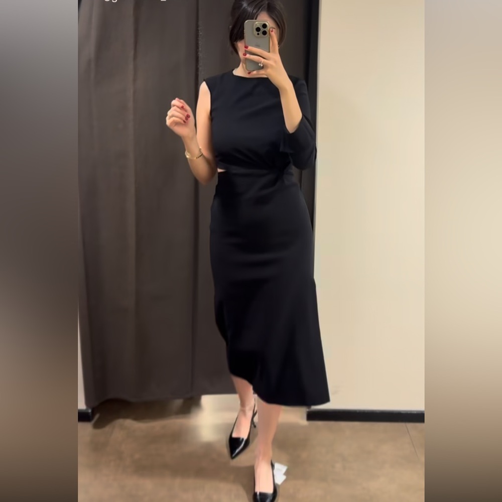 Zara Black Cut Out Midi Dress cotton blend one long sleeve Pleated knot ZW NWT - Picture 3 of 16